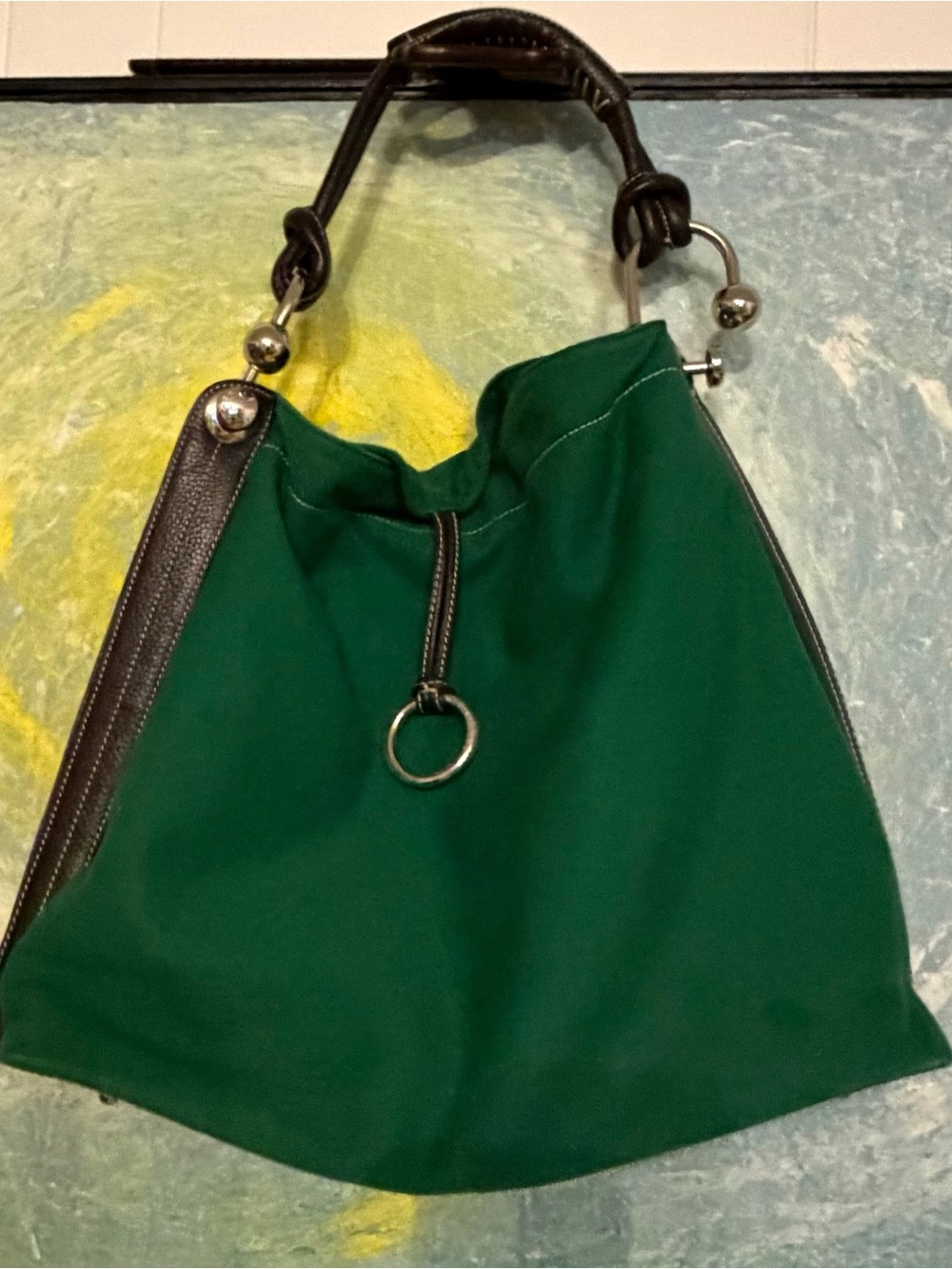 BCBGMaxAzria Green Canvas Messenger Bag with Dark Brown Leather Trim - Picture 2 of 11